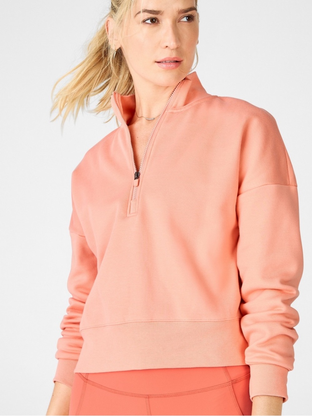 Fabletics Women’s Coral Pink Half-Zip Pullover Sweatshirt - athleisure - lounge